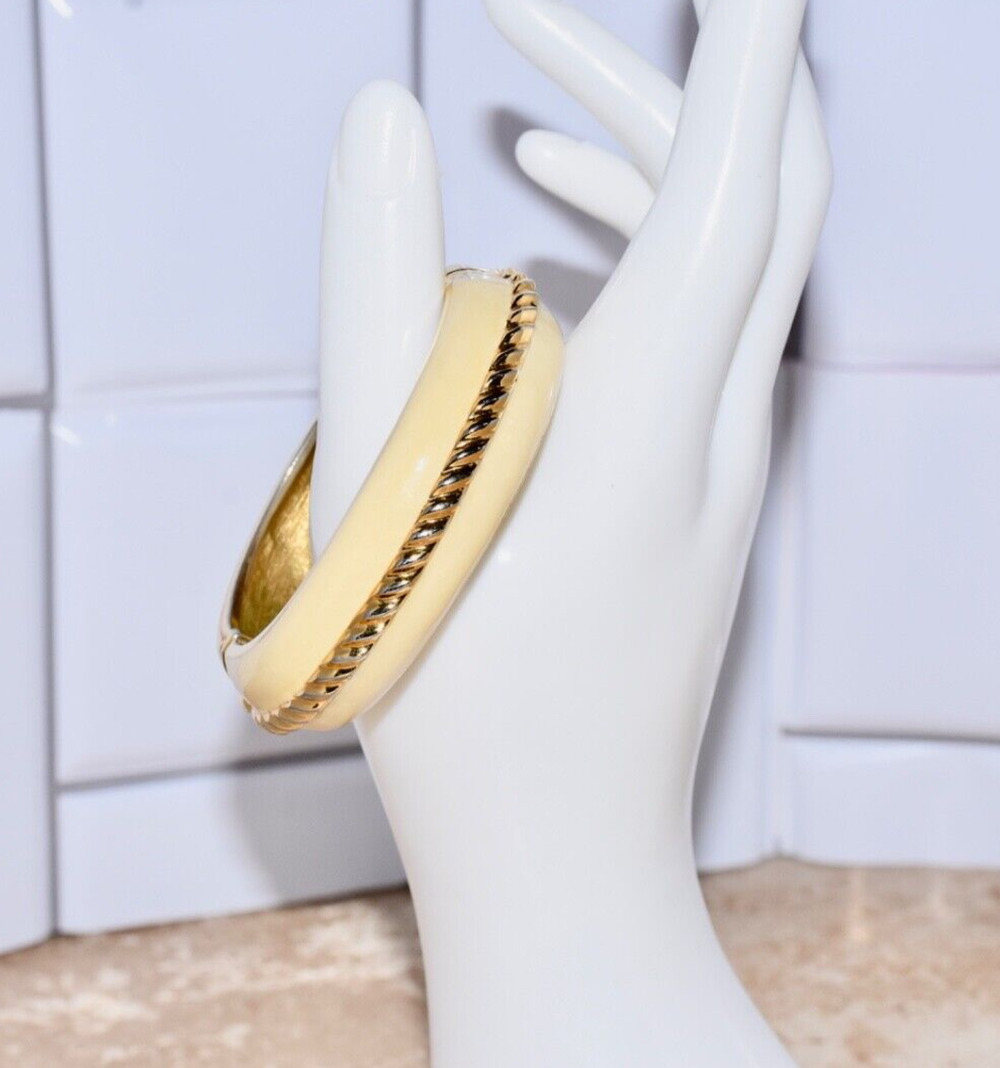 St. John Knit Designer Ivory Enamel 24k Electroplated Gold Bangle Cuff Bracelet